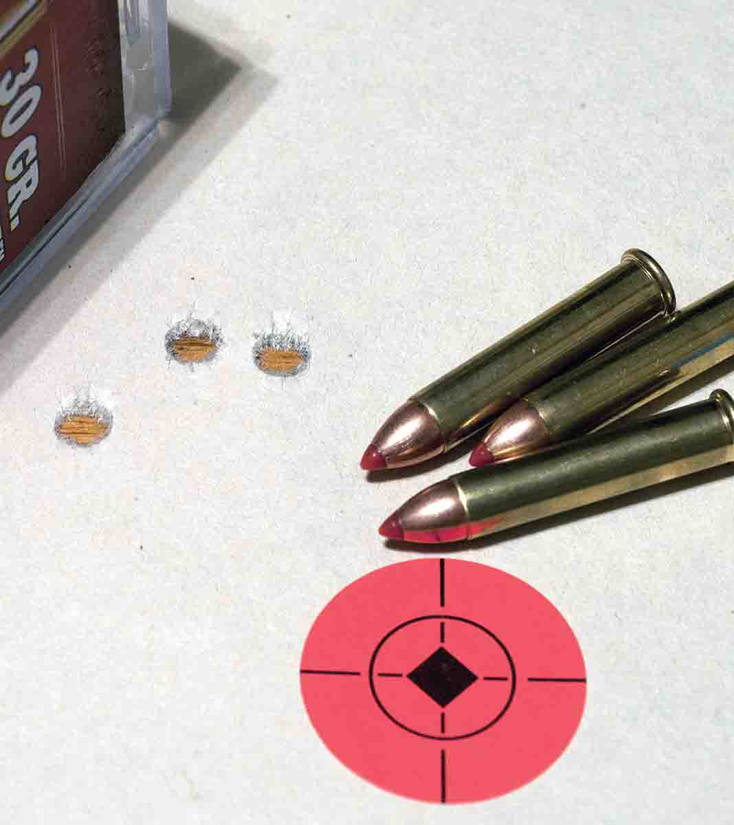 This three-shot group with Hornady 22 Mag ammunition with 30-grain V-MAX bullets shows plenty of “jackrabbit” accuracy.